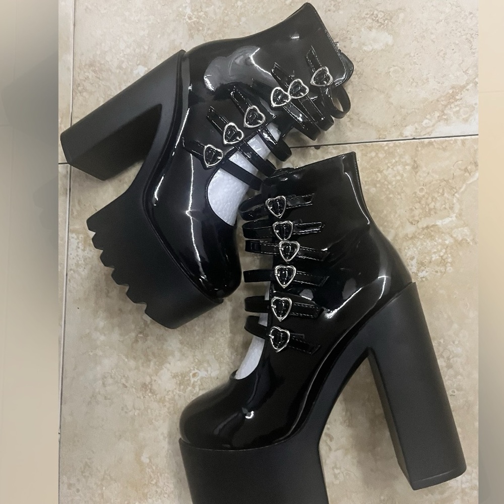 Black Platform Ankle Boots with Heart Buckles - Picture 3 of 7